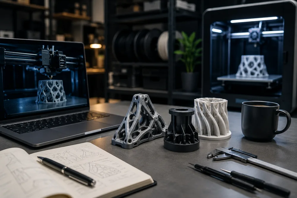 Blog o 3D tisku – pracovní stůl s notebookem, 3D výtisky a náčrtem dílu