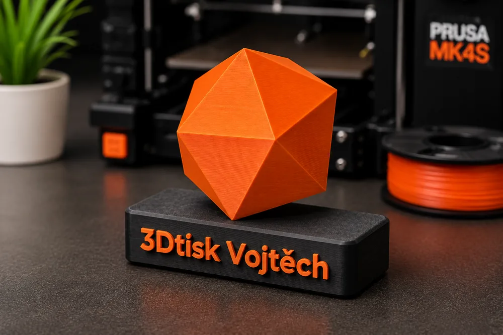 3D tisk na zakázku v Praze – ocenění s 3D logem na podstavci s nápisem 3Dtisk Vojtěch před 3D tiskárnou Prusa