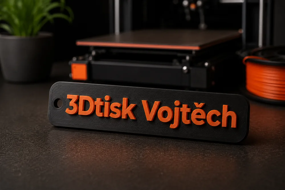 Klíčenka se jménem z 3D tisku – černá visačka s oranžovým 3D nápisem 3Dtisk Vojtěch