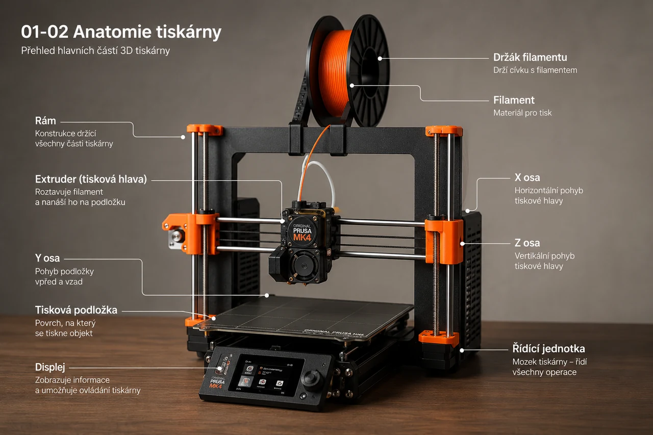 Anatomie tiskárny – přehledové foto stroje s popisky hlavních částí (tryska, hotend, extruder, podložka, řemeny)