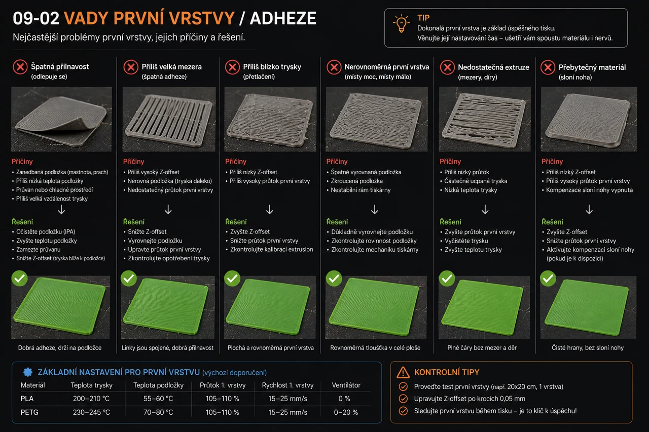 Vady první vrstvy a adheze – odlepené rohy a mezery (detail)