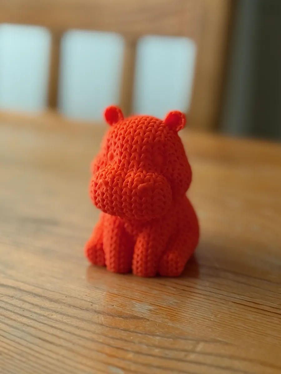 Oranžová 3D tištěná figurka hrocha s pleteninovou texturou