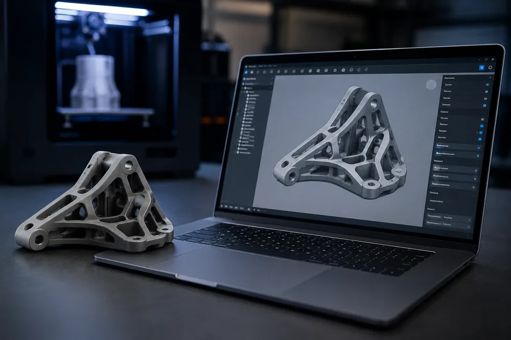Online 3D náhled modelu – notebook s 3D modelem dílu vedle výtisku